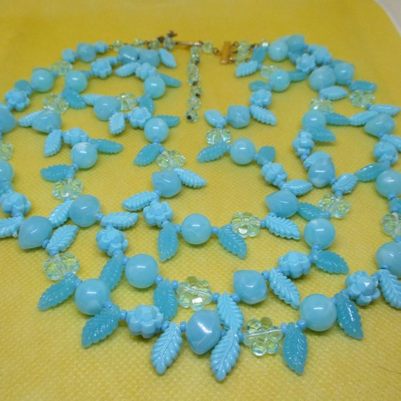 SIGNED W GERMANY NECKLACE Triple Strand Blue Flower Necklace Fruit Salad Beaded - Picture 11 of 12